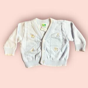 Vtg Baby Boy Embroidered Bear Train Cardigan Sweater 3-6 Months Pastel Mcbaby